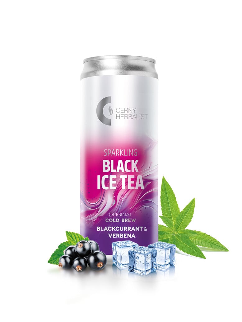 Perlivý čierny ľadový čaj – Čierna ríbezľa & verbena